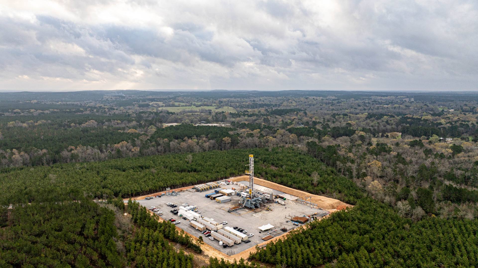 Aerial view of Revenant Energy drilling operations at Bear Claw Pad, East Texas